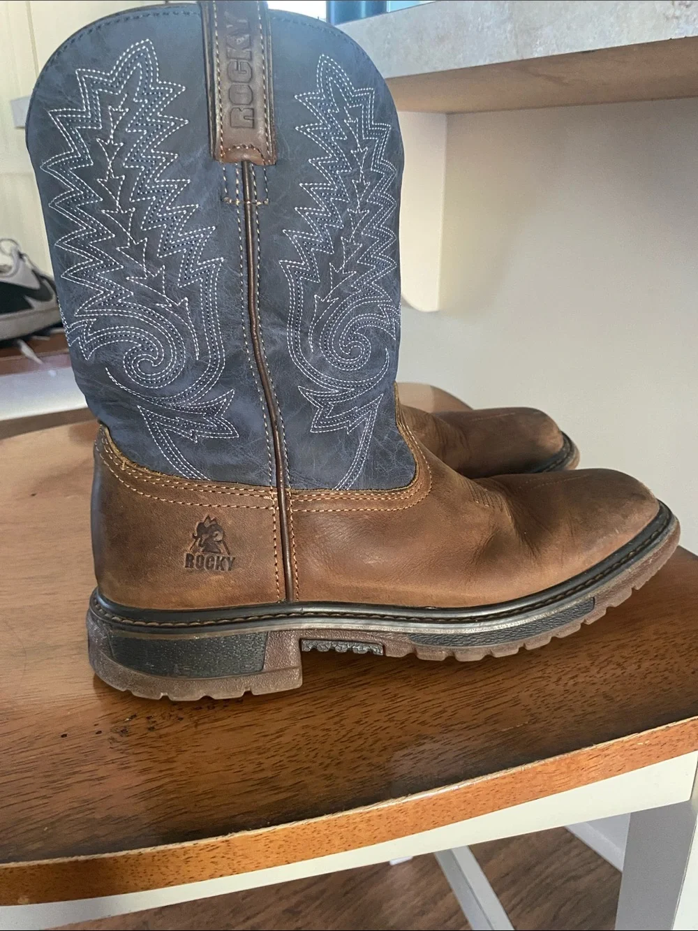 Rocky Brown Foot with Blue Embroidered Shaft Cowboy Boots